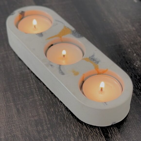 Concrete Decorative Tealight Candle Holder w/Tealights - Handcrafted Home Decor - Picture 4 of 4
